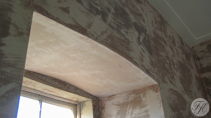 Opbouw klassieke betengling met gespannen linnen en beplakt met grondpapier in Kasteel Amerongen